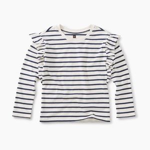 Tea Collection || White Navy Striped Ruffle Long Sleeve Shirt